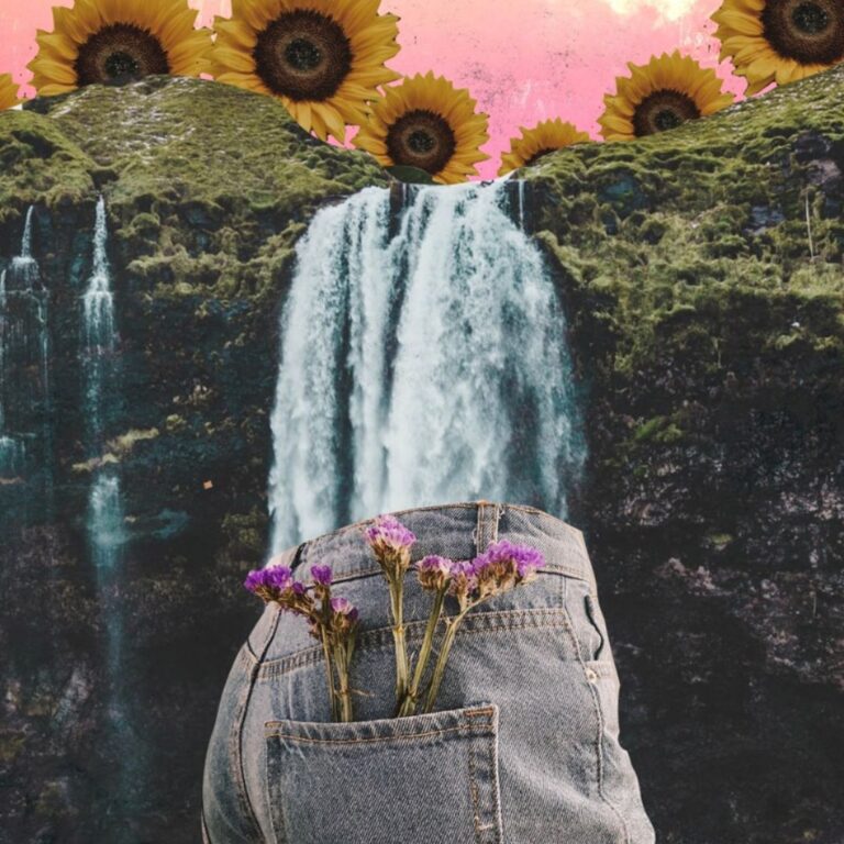 collage design jeans with flowers in pocked waterfall sunflowers